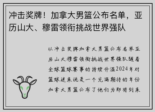 冲击奖牌！加拿大男篮公布名单，亚历山大、穆雷领衔挑战世界强队