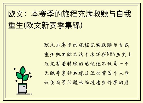 欧文：本赛季的旅程充满救赎与自我重生(欧文新赛季集锦)