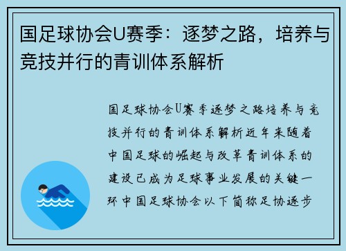 国足球协会U赛季：逐梦之路，培养与竞技并行的青训体系解析