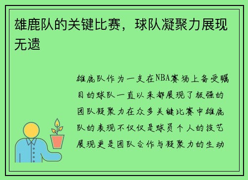 雄鹿队的关键比赛，球队凝聚力展现无遗