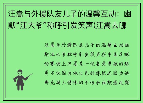 汪嵩与外援队友儿子的温馨互动：幽默“汪大爷”称呼引发笑声(汪嵩去哪了)